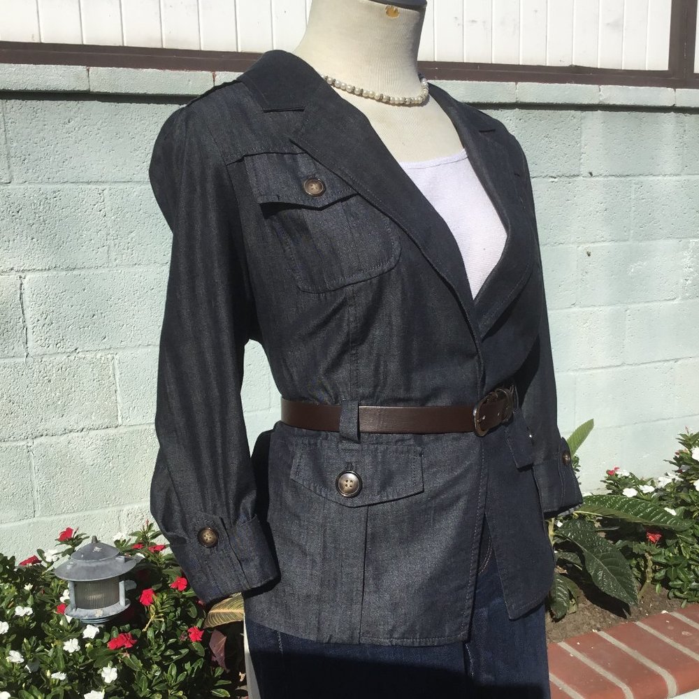 OBR Chambray Belted Jacket Blazer Multi-Pockets 3/4 Sleeve Versatile Blue M